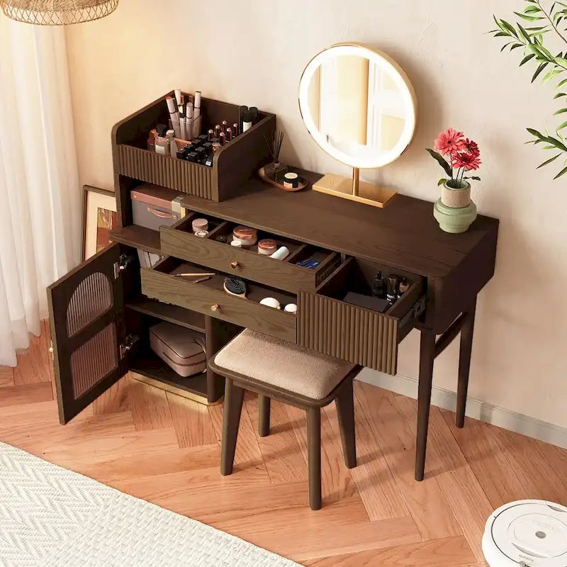 Wood Makeup Vanity Table with 3 Drawers and Mirror