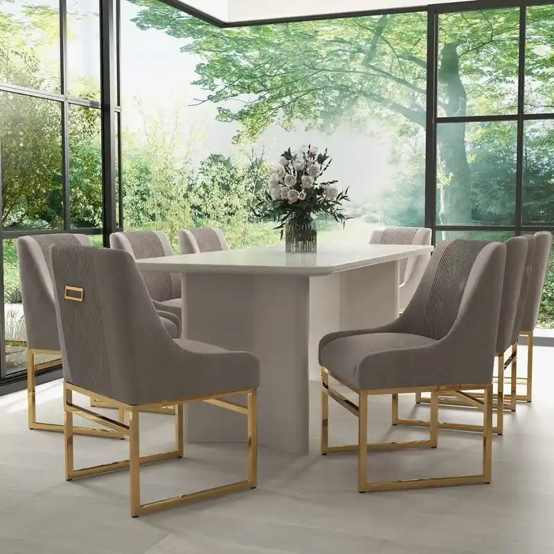 Contemporary Velvet Dining Chair with Gold Metal Legs, Set of 8