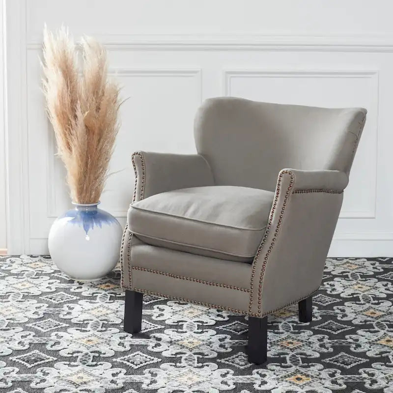 Brown Club Chair with Brass Nail Heads and Birch Legs