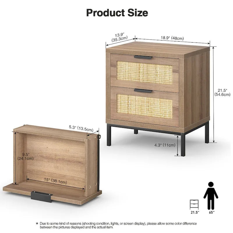 Farmhouse 2-Drawer Nightstand with Wood Rattan Front