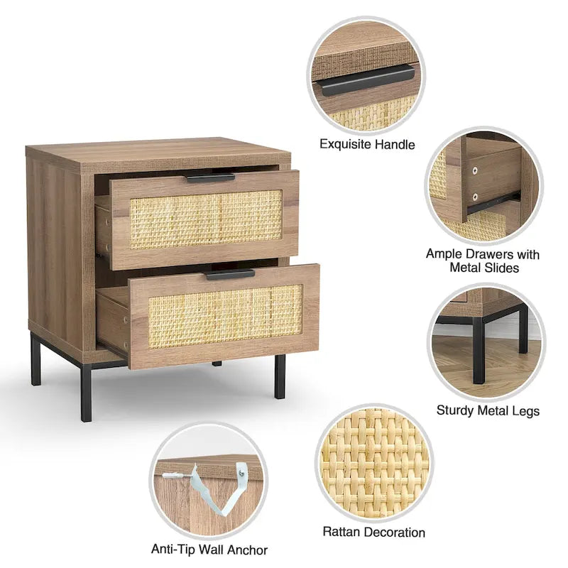 Farmhouse 2-Drawer Nightstand with Wood Rattan Front