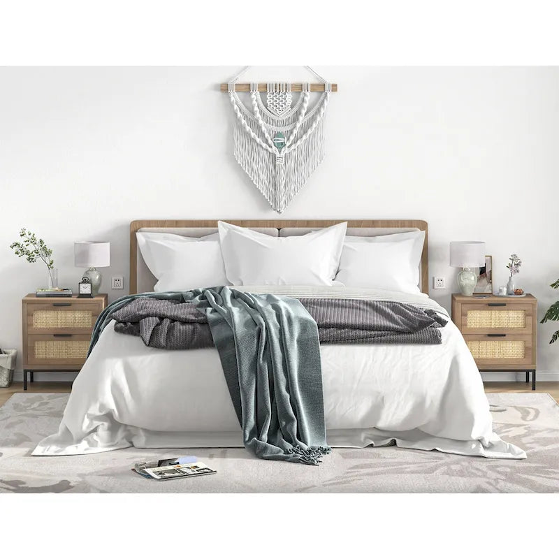 Farmhouse 2-Drawer Nightstand with Wood Rattan Front