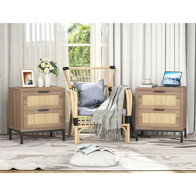 Farmhouse 2-Drawer Nightstand with Wood Rattan Front