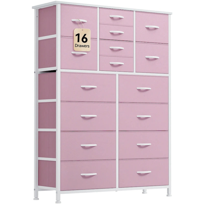 16-Drawer Dresser Tower with Metal Frame and Wood Tabletop
