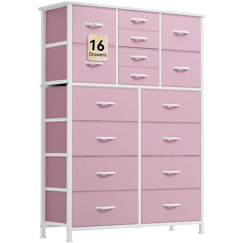 16-Drawer Dresser Tower with Metal Frame and Wood Tabletop