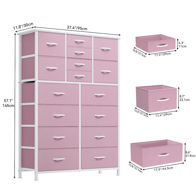 16-Drawer Dresser Tower with Metal Frame and Wood Tabletop