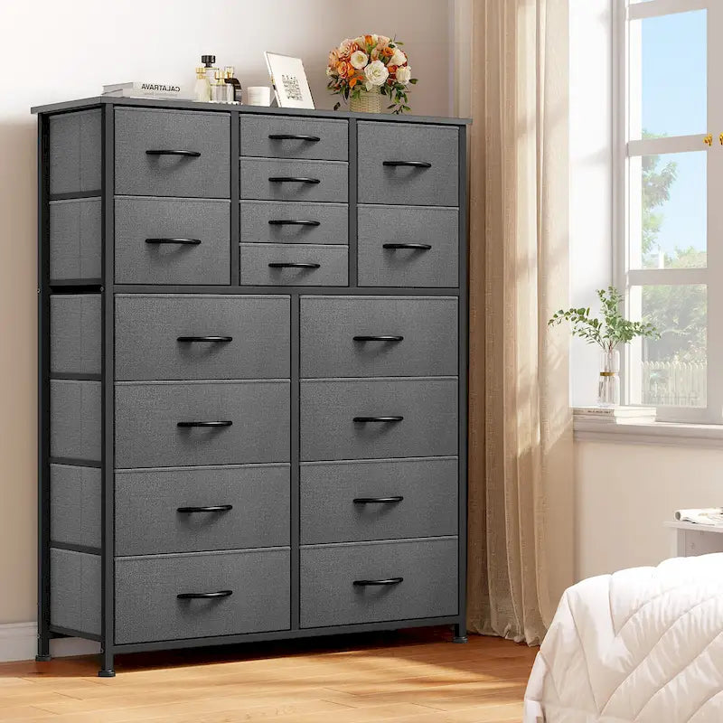 16-Drawer Dresser Tower with Metal Frame and Wood Tabletop