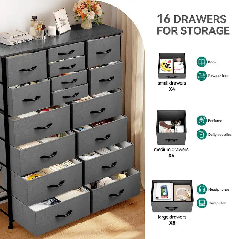 16-Drawer Dresser Tower with Metal Frame and Wood Tabletop