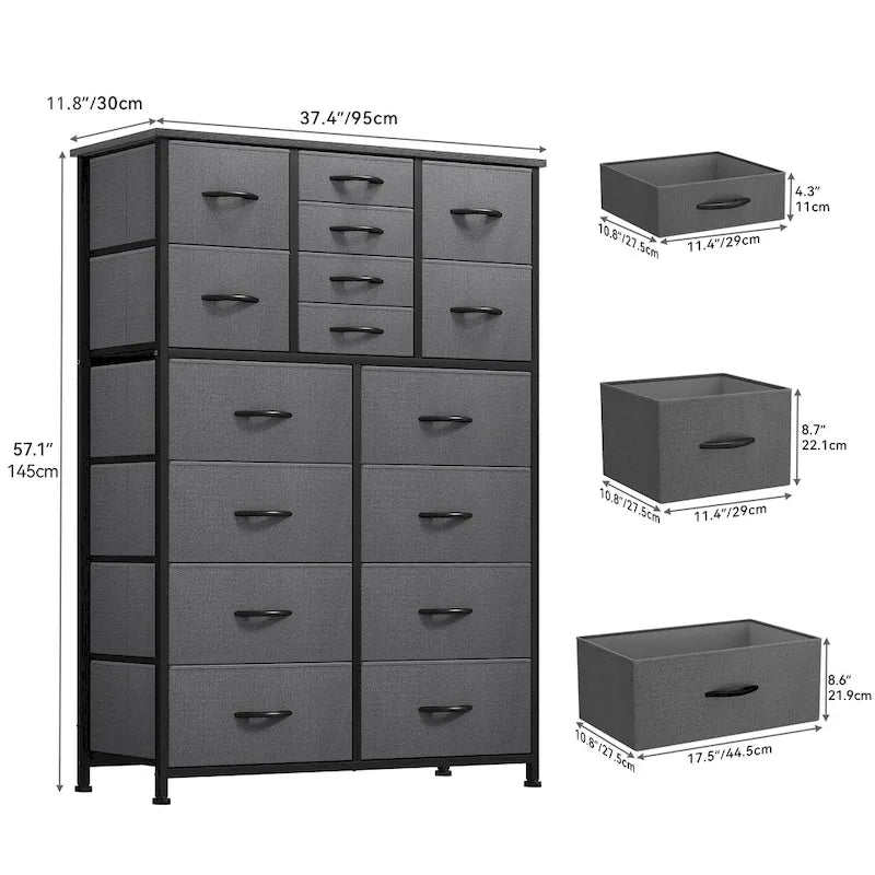 16-Drawer Dresser Tower with Metal Frame and Wood Tabletop