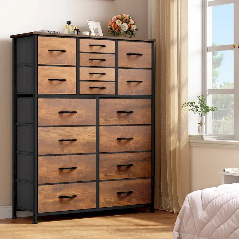 16-Drawer Dresser Tower with Metal Frame and Wood Tabletop