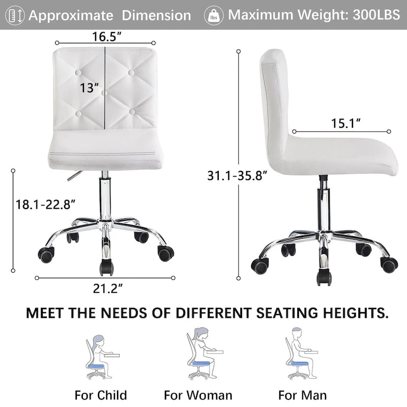 Armless PU Leather Mid-Back Office Chair with 360° Swivel
