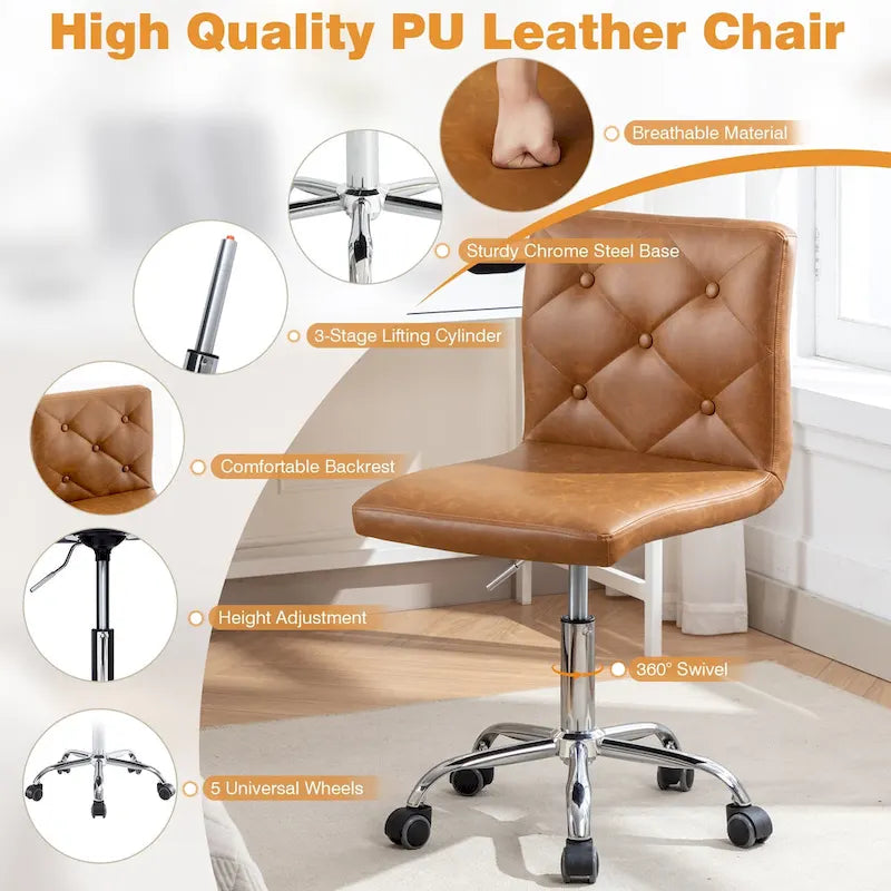 Armless PU Leather Mid-Back Office Chair with 360° Swivel