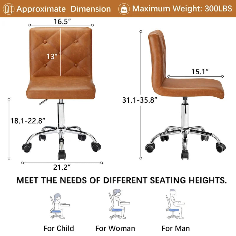 Armless PU Leather Mid-Back Office Chair with 360° Swivel
