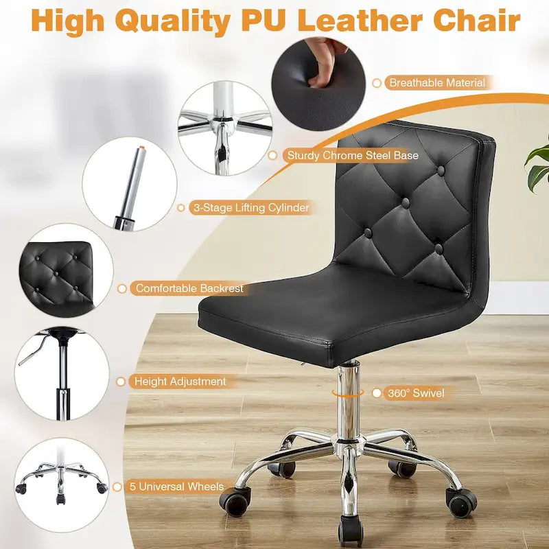 Armless PU Leather Mid-Back Office Chair with 360° Swivel