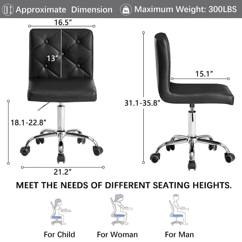 Armless PU Leather Mid-Back Office Chair with 360° Swivel