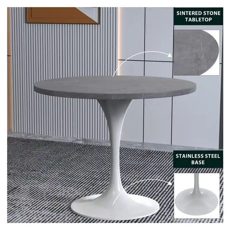 36" Round Sintered Stone Dining Table with White Steel Pedestal
