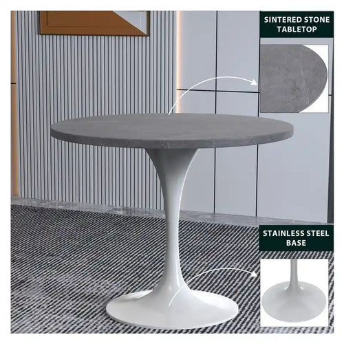 36" Round Sintered Stone Dining Table with White Steel Pedestal