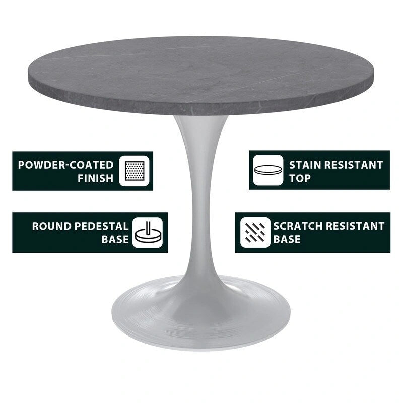 36" Round Sintered Stone Dining Table with White Steel Pedestal
