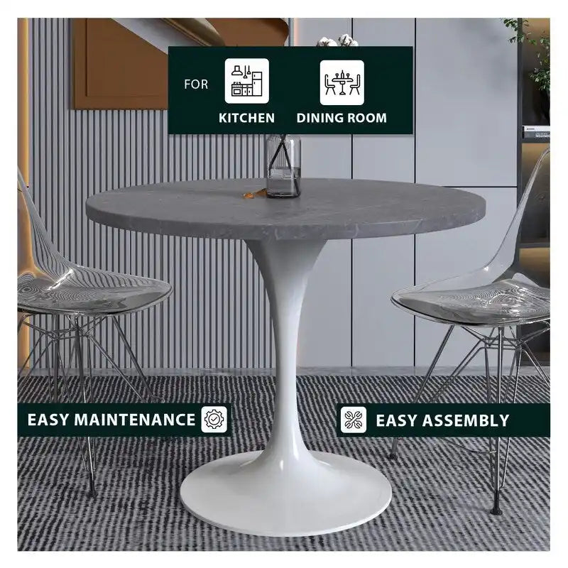 36" Round Sintered Stone Dining Table with White Steel Pedestal