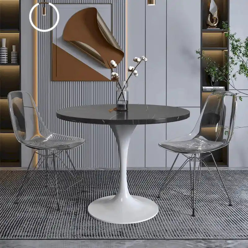 36" Round Sintered Stone Dining Table with White Steel Pedestal