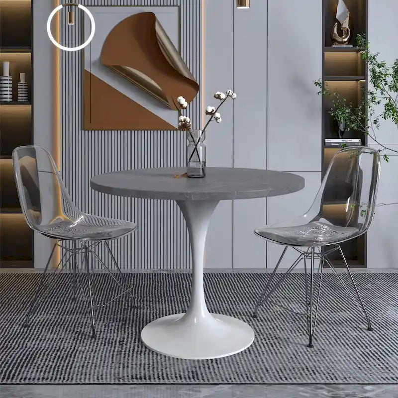36" Round Sintered Stone Dining Table with White Steel Pedestal