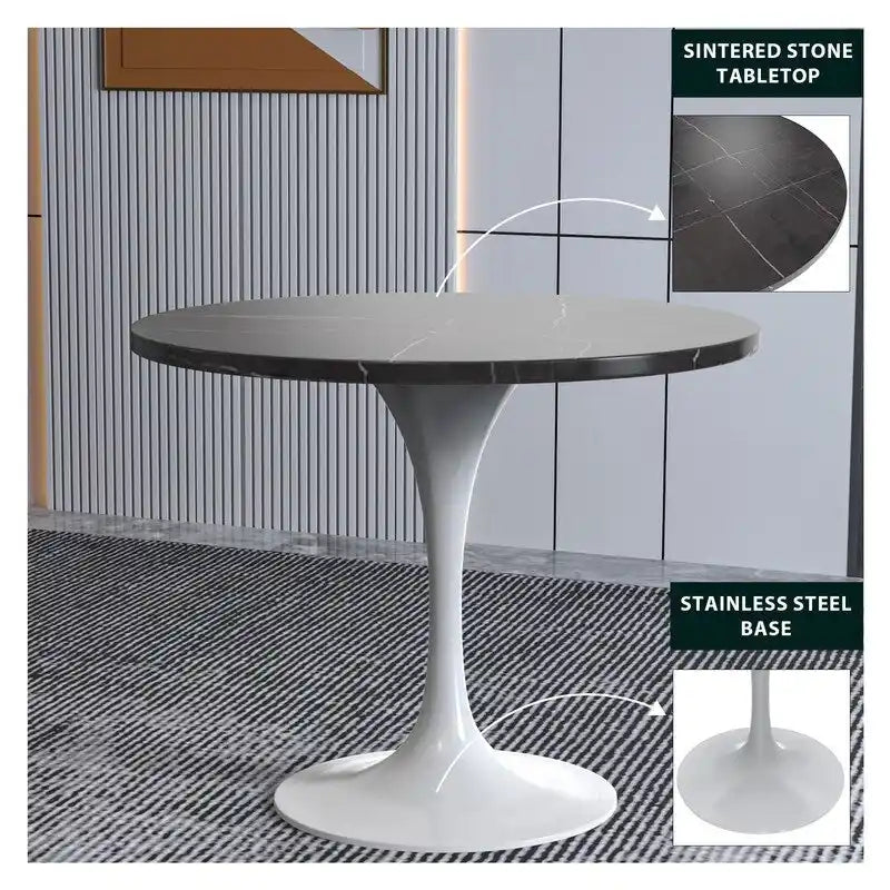 36" Round Sintered Stone Dining Table with White Steel Pedestal