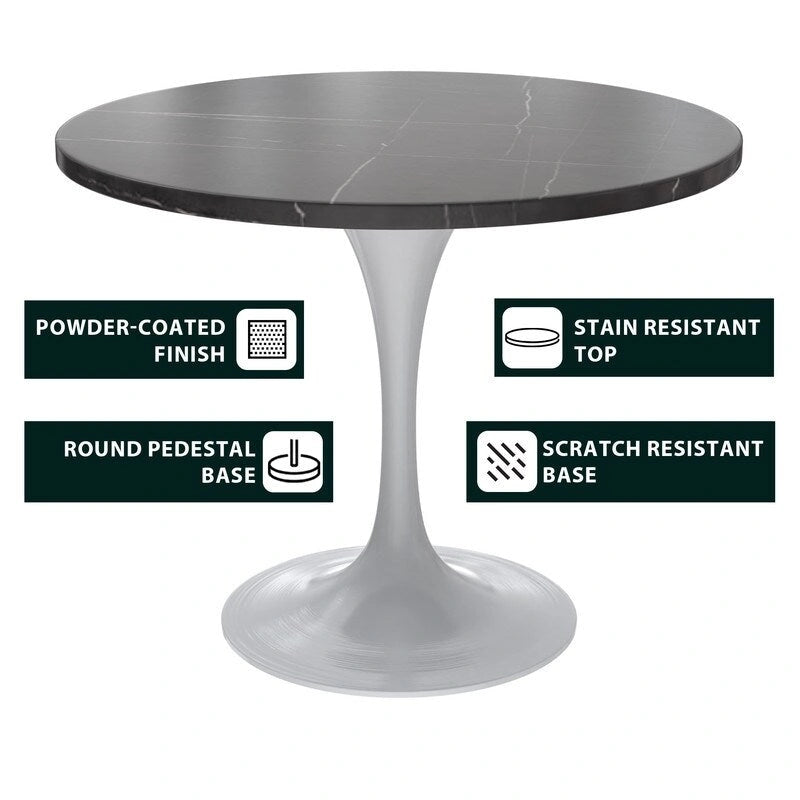 36" Round Sintered Stone Dining Table with White Steel Pedestal
