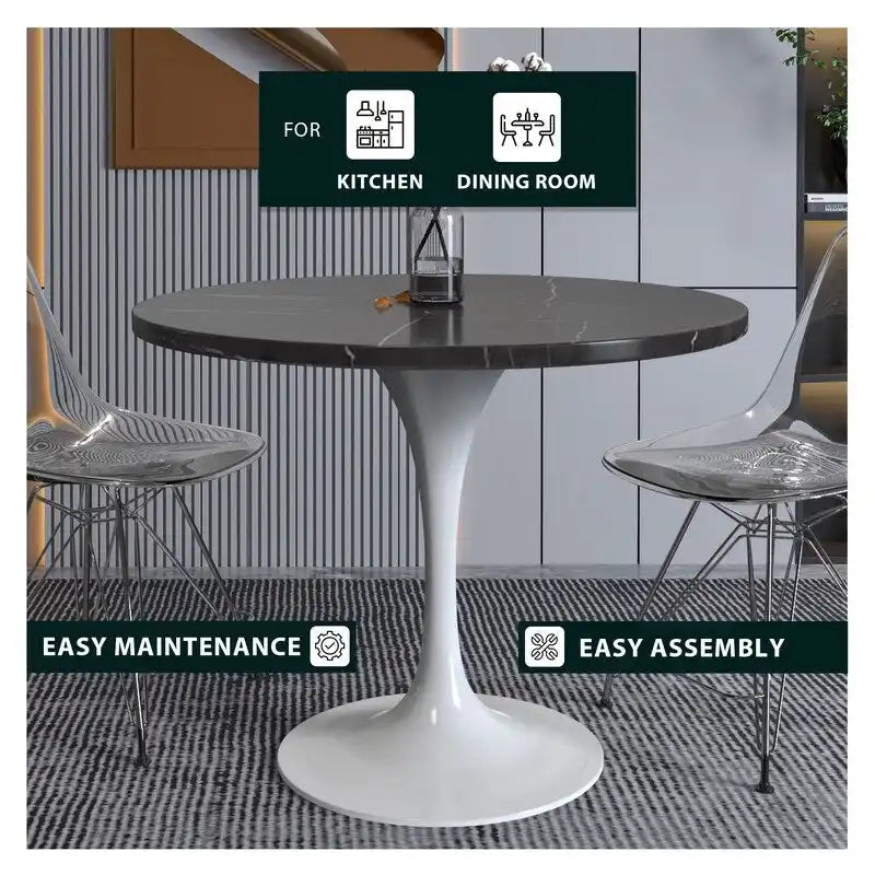 36" Round Sintered Stone Dining Table with White Steel Pedestal