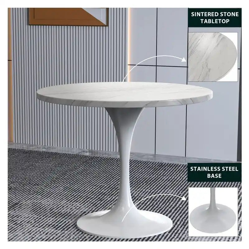 36" Round Sintered Stone Dining Table with White Steel Pedestal