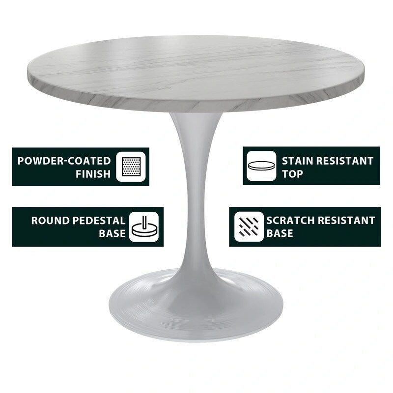 36" Round Sintered Stone Dining Table with White Steel Pedestal