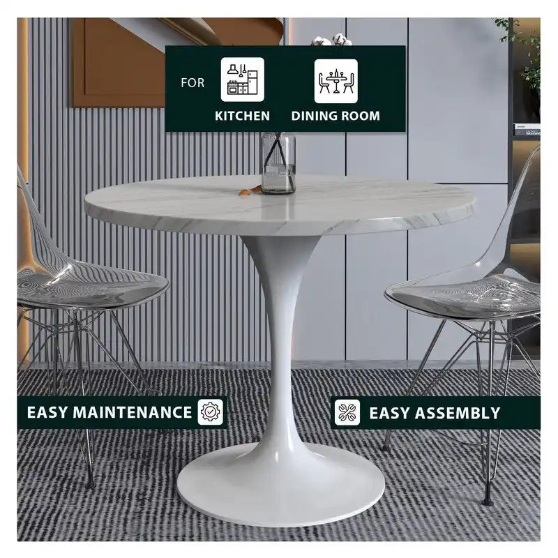 36" Round Sintered Stone Dining Table with White Steel Pedestal