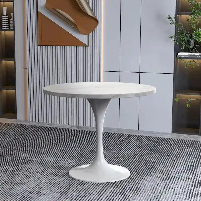 36" Round Sintered Stone Dining Table with White Steel Pedestal