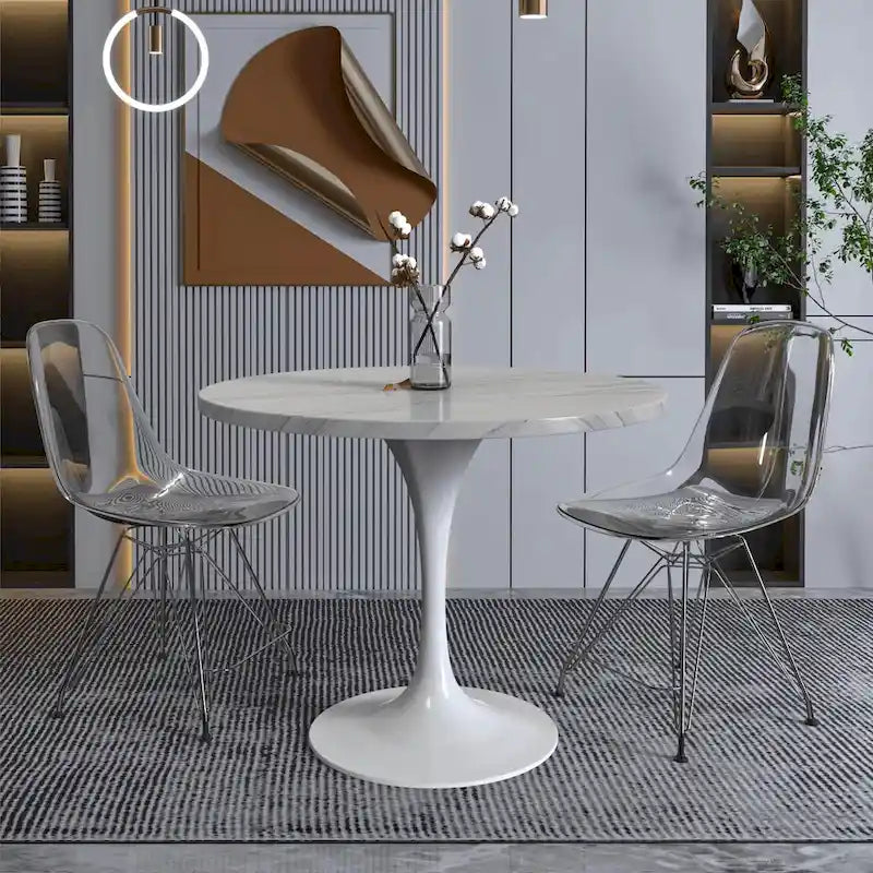 36" Round Sintered Stone Dining Table with White Steel Pedestal