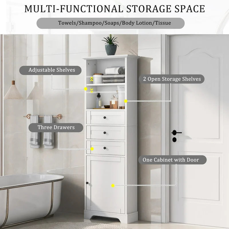 10 in. W x 22 in. D x 68.3 in. H White MDF Linen Cabinet with 3 Drawers and Adjustable Shelves
