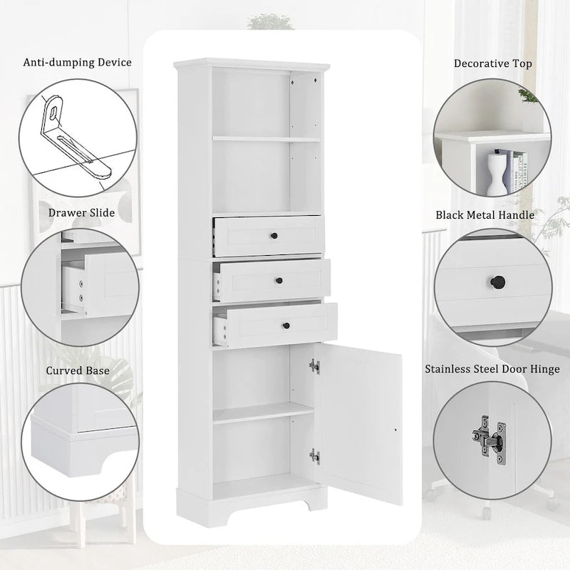 10 in. W x 22 in. D x 68.3 in. H White MDF Linen Cabinet with 3 Drawers and Adjustable Shelves