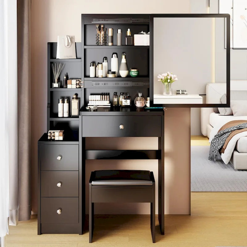 Small Space Vanity Table with Cushioned Stool
