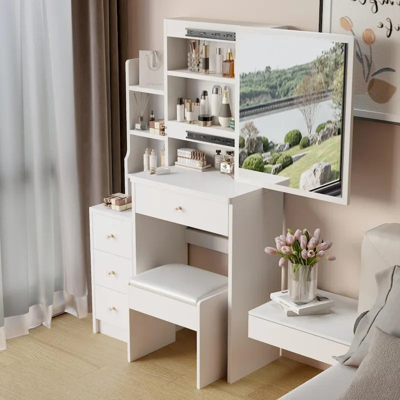 Small Space Vanity Table with Cushioned Stool