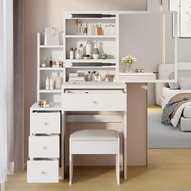 Small Space Vanity Table with Cushioned Stool