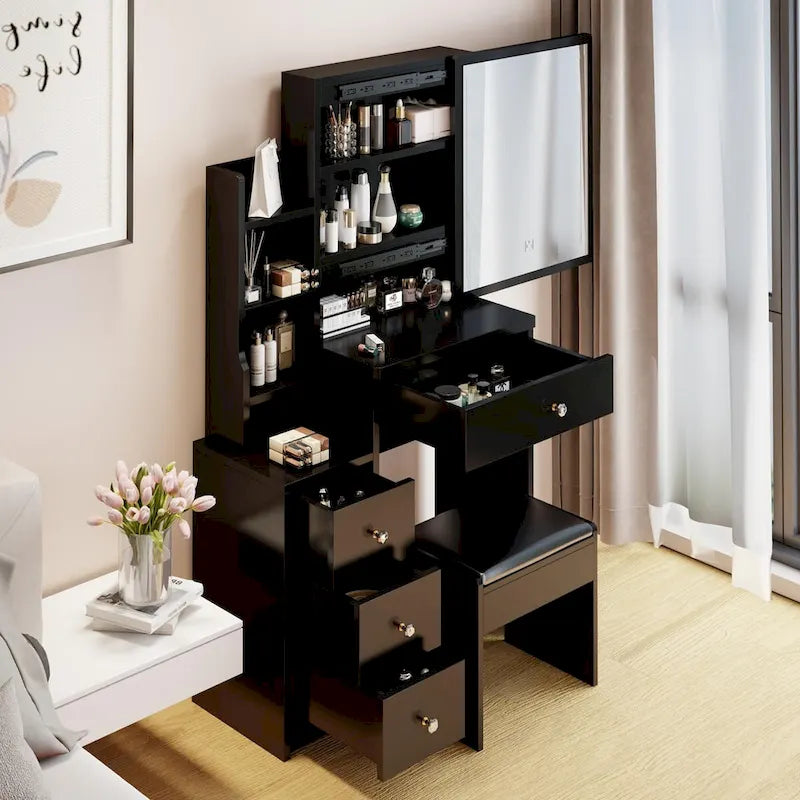 Small Space Vanity Table with Cushioned Stool